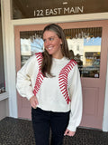 White Baseball Stitch Long Sleeve Sweater