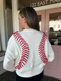 White Baseball Stitch Long Sleeve Sweater
