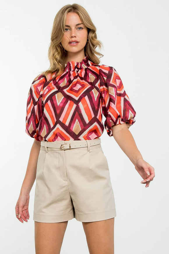Puff Sleeve Multi Color Pattern Top in Red