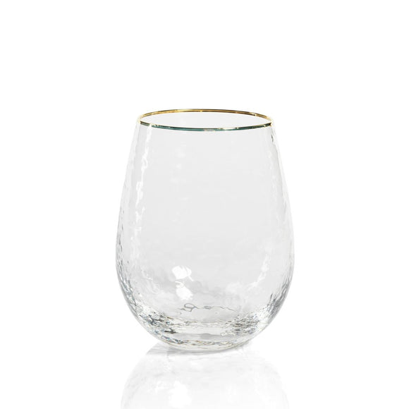 Negroni Hammered Stemless All-Purpose Glass - Clear with Gold Rim