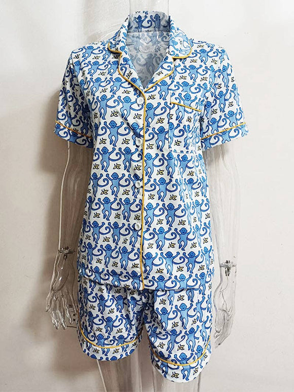 Monkey Print Shirt and Shorts Set: BLUE / XL