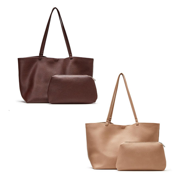 Around Town Textured Vegan Leather Tote Bag with Coordinating Pouch