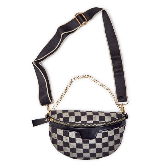Reality Check Crossbody Sling Bag in Checkered Print Fabric with Adjustable and Removeable Straps