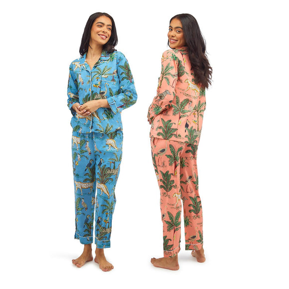 Sleepy Time Cotton Printed Pajamas in a Happy Tropical Island Motif that Comes in a Gift Bag