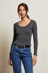 Charcoal Josie Sweater Ribbed Long Sleeve U Neck