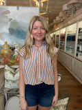 Brown Stripe Bubble Slv Button Up Top