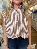 Brown Stripe Bubble Slv Button Up Top