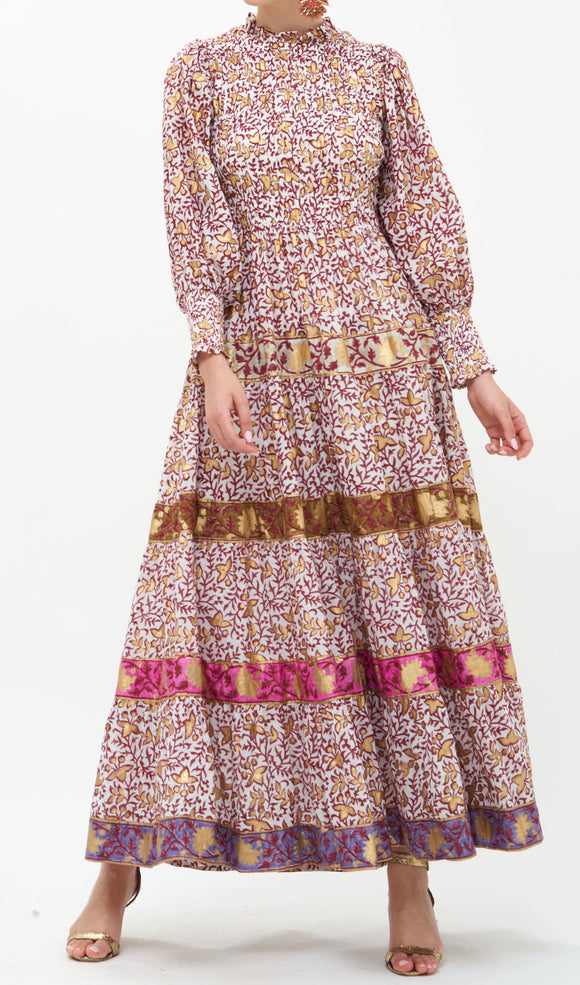 Wine Marchesa Smocked Maxi 3/4 Sleeve