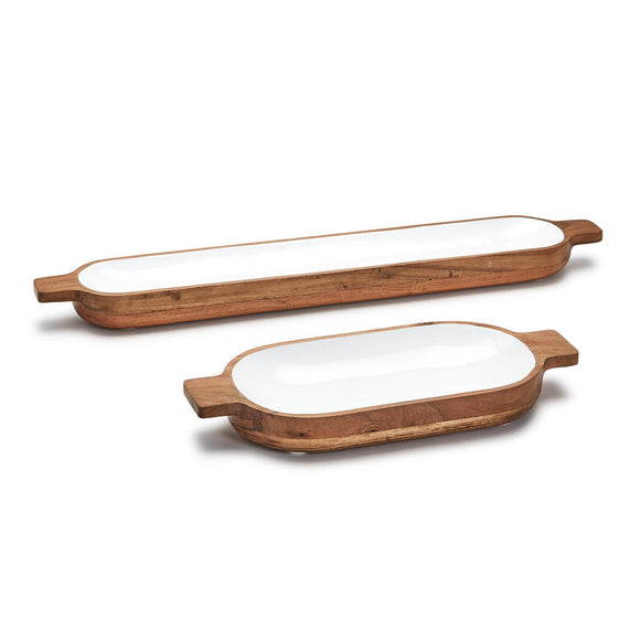 Hand-Crafted Oblong Tray / Platter with Handles and White Enamel (food safe, hand wash only) - Acacia Wood/Food Safe Lacquer