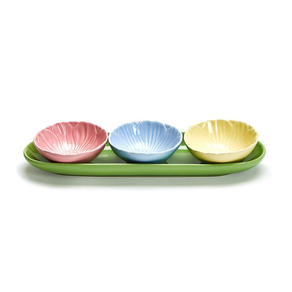 Flora Set of 3 Flower Tidbit Bowls with Tray Includes 3 Colors: Pink, Yellow, Blue