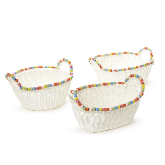 Hand-Woven Faux Wicker Basket with Multi-Color Wood Beads Trim