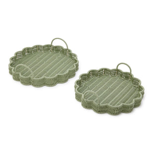 All Weather Wicker Scallop Edge Green Round Serving Tray with Handles