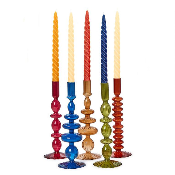 Jeweled Tones Hand-Blown Glass Taper Candleholders / Candlesticks