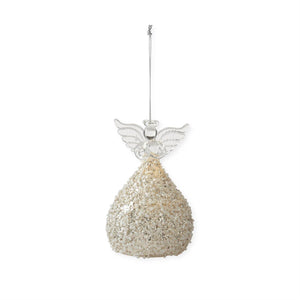 4.25 Inch Gold Glittered & White Seed Bead LED Angel Ornament w/Timer