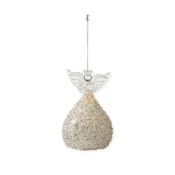 4.25 Inch Gold Glittered & White Seed Bead LED Angel Ornament w/Timer