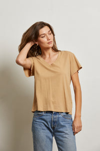 Hendrix - Cotton Short Sleeve Boxy V Neck Tee Suede