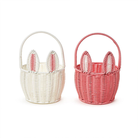 Hand-Woven Faux Wicker Easter Bunny Basket with Pom-Pom Tail and Handle