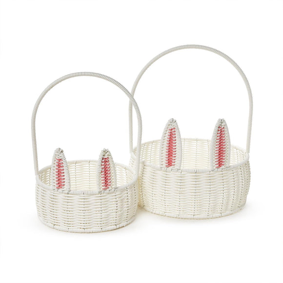 Hand-Woven Faux Wicker Easter Bunny Baskets with Pom-Pom Tail and Handle