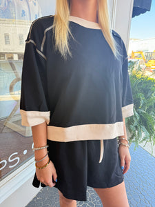 Black and Ecru Stitched Top