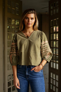 Moss Corduroy Phoebe Blouse W/ Embroidery
