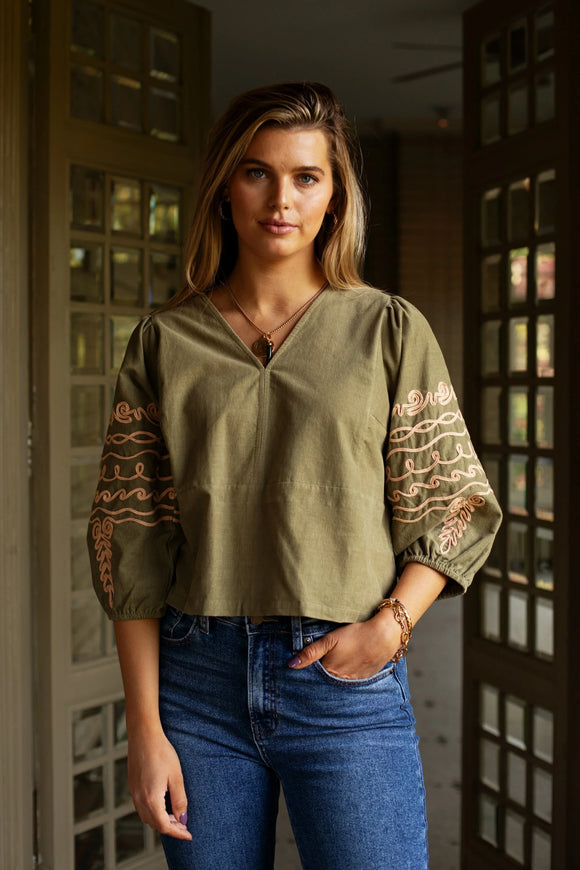 Moss Corduroy Phoebe Blouse W/ Embroidery