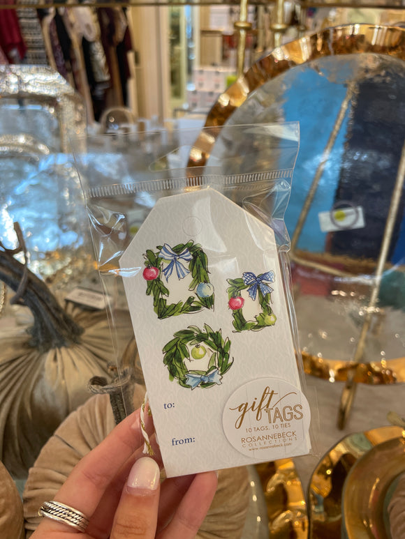 Gift Tag-Handpainted Christmas Wreath Trio/Christmas Greenery with Ornaments and Blue Bows (2 Design