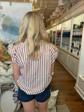 Brown Stripe Bubble Slv Button Up Top