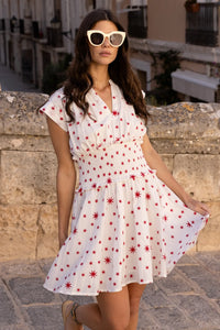 Ellsworth Red Smocked Waist Roll Sleeve