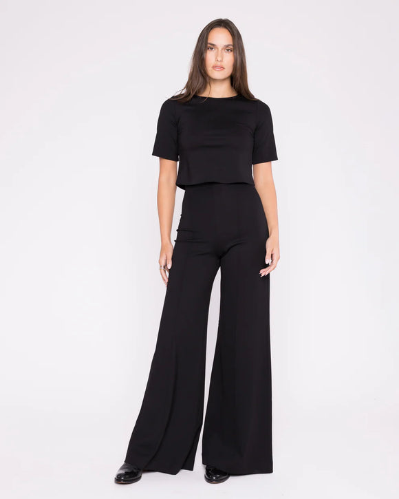Black Ponte Knit Wide Leg Pant Cropped