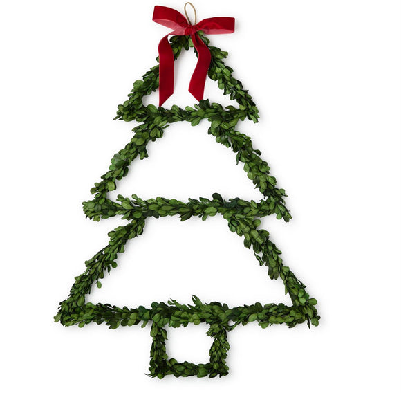 Preserved Natural Boxwood Leaves Hand-Crafted Tree with Red Velvet Bow