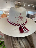 Custom Eggshell Palm Hat Paw Print with Thin Maroon/White Braided Band