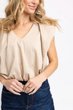 Khaki Solid Poplin Vneck Bubble Top