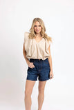 Khaki Solid Poplin Vneck Bubble Top
