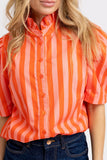 Coral Stripe Button Up Ruffle Neck Top