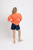 Coral Stripe Button Up Ruffle Neck Top