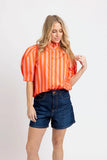 Coral Stripe Button Up Ruffle Neck Top