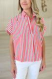 Red Stripe Poplin Vneck Collar Top