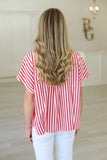 Red Stripe Poplin Vneck Collar Top
