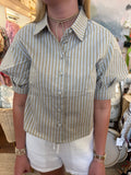 Olive Stripe Linen Button Puff Slv Top