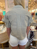 Olive Stripe Linen Button Puff Slv Top
