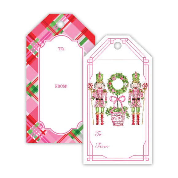 Gift Tag-Handpainted Pink Peppermint Nutcrackers with Wreath Topiary/Pink Peppermint Plaid (2 design