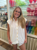 White Poplin Bubble Sleeve Button Top