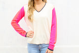 Ecru/Pink/Orange Knitwear V-Neck Sweater