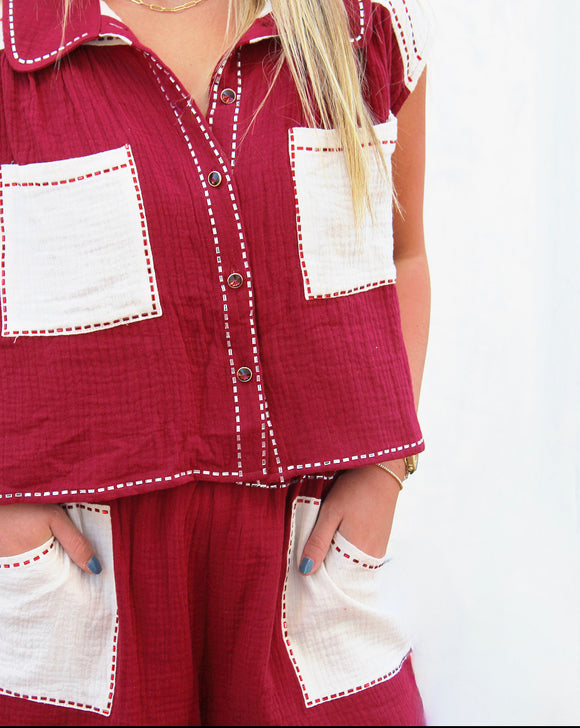 Maroon and white gauze shorts