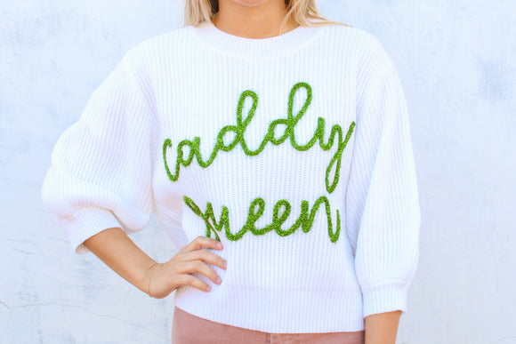 White Caddy Queen Glitter Script Sweater