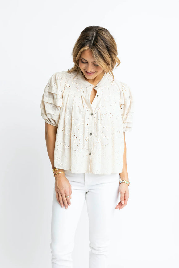 Eyelit Button Puff Sleeve Top