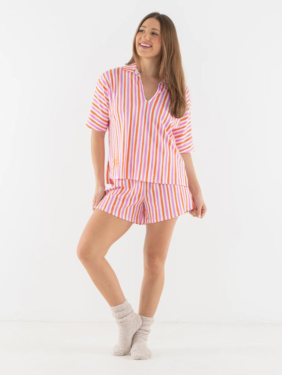 Coral Pink Stripe Pajama Short Set