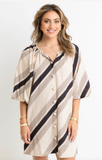 Stripe Puff Sleeve Button Dress