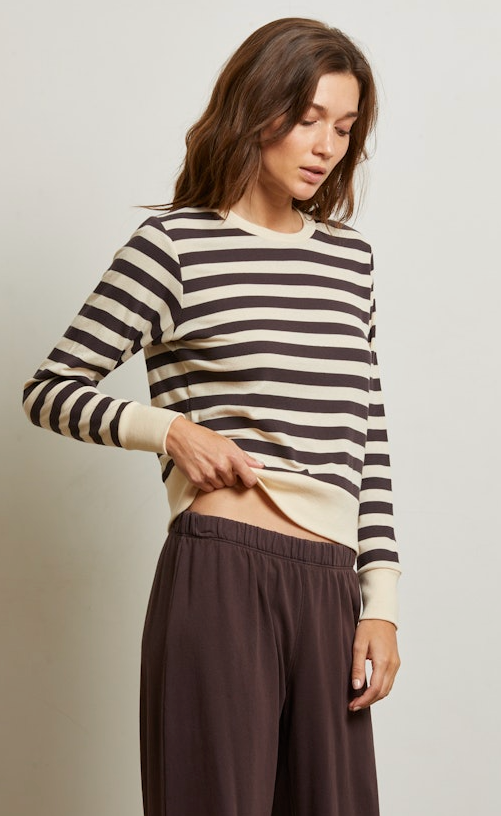 Mocha Stripe Luxe Rib Crew Neck Long Sleeve