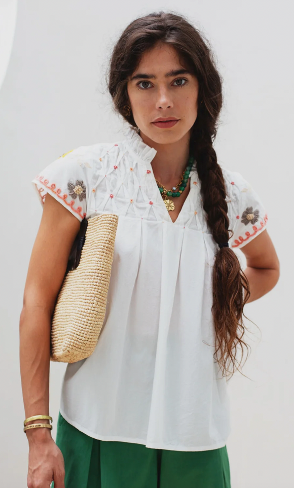 Maya Blouse w/ Embroidery in White